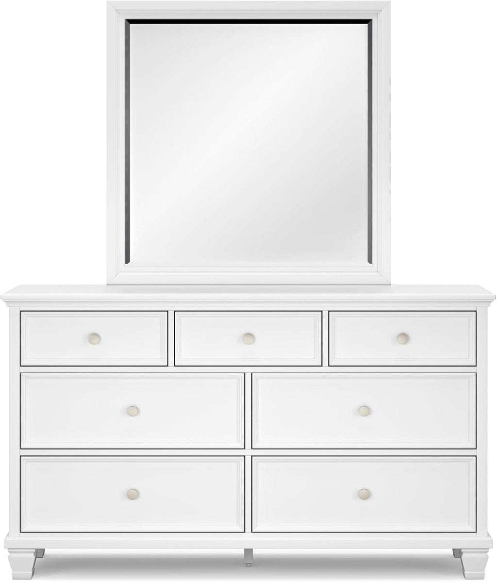 Signature Design by Ashley Fortman Casual Dresser and Mirror, Tapered Feet, 7 Storage Drawers, Round Satin Nickel Metal Knobs, Wood, 74.13' High, White