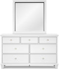 Signature Design by Ashley Fortman Casual Dresser and Mirror, Tapered Feet, 7 Storage Drawers, Round Satin Nickel Metal Knobs, Wood, 74.13' High, White