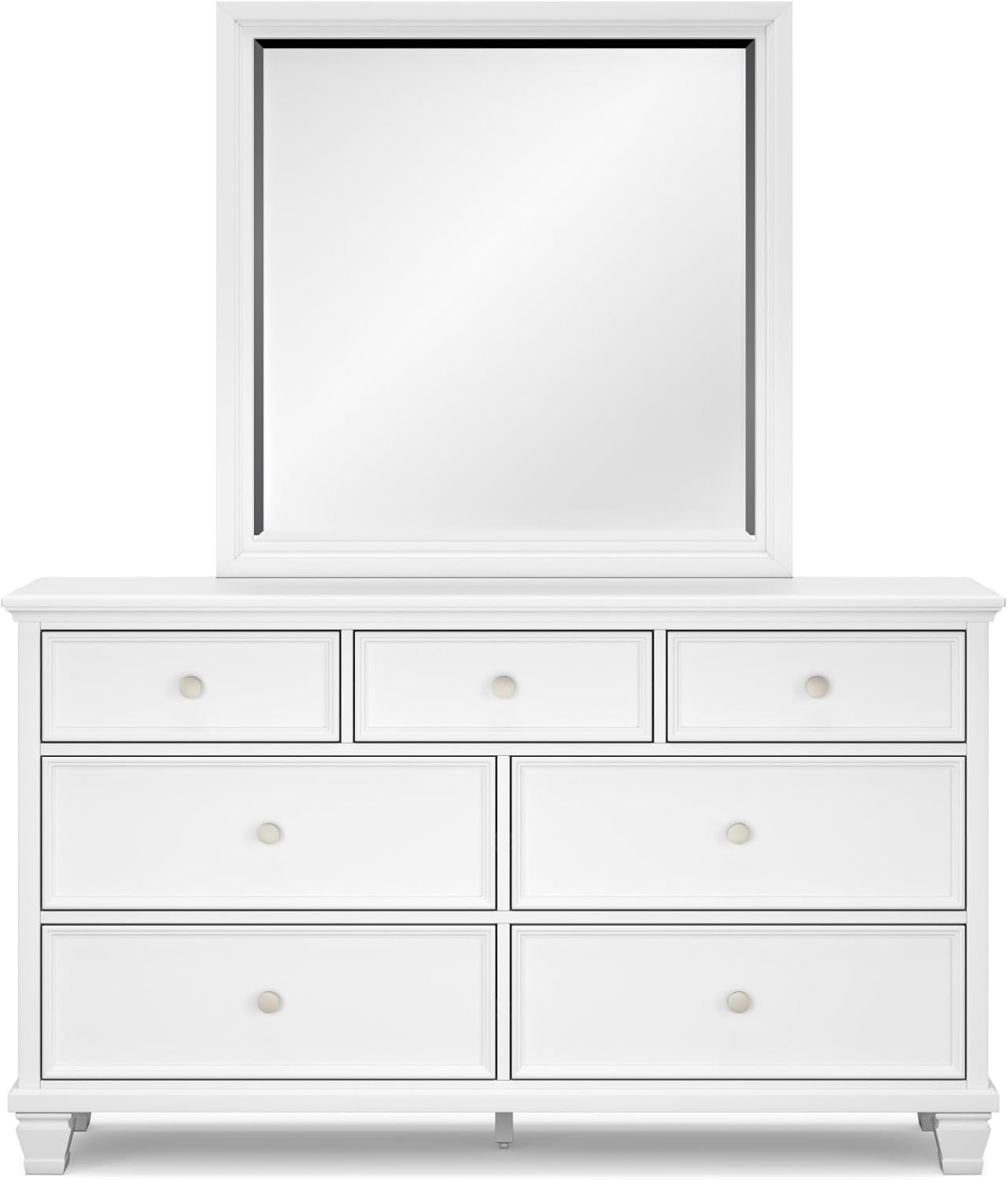 Signature Design by Ashley Fortman Casual Dresser and Mirror, Tapered Feet, 7 Storage Drawers, Round Satin Nickel Metal Knobs, Wood, 74.13' High, White
