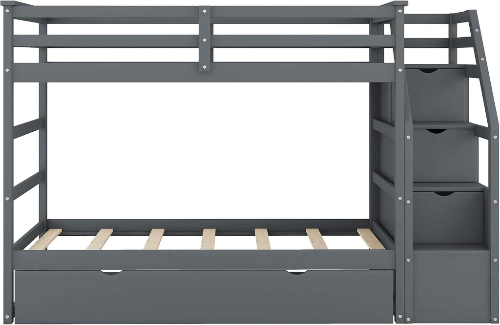 Harper & Bright Designs Twin-Over-Twin Bunk Bed with Twin Size Trundle and 3 Storage Stairs, Trundle Bunk Bed, Staircase Can be Installed on Right or Left Side (Gray)