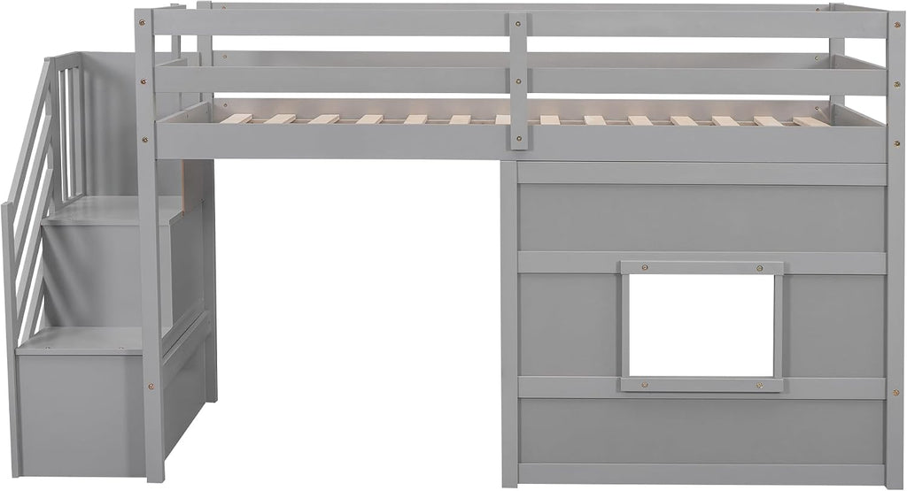 JIVOIT Low Loft Bed with Storage Staircase and Window, Twin Size Loft Bed with Guardrails and Wood Slats Support, Solid Wood Bed Frame, Space Saving Design, No Box Spring Need (Gray,Staircase+Window)