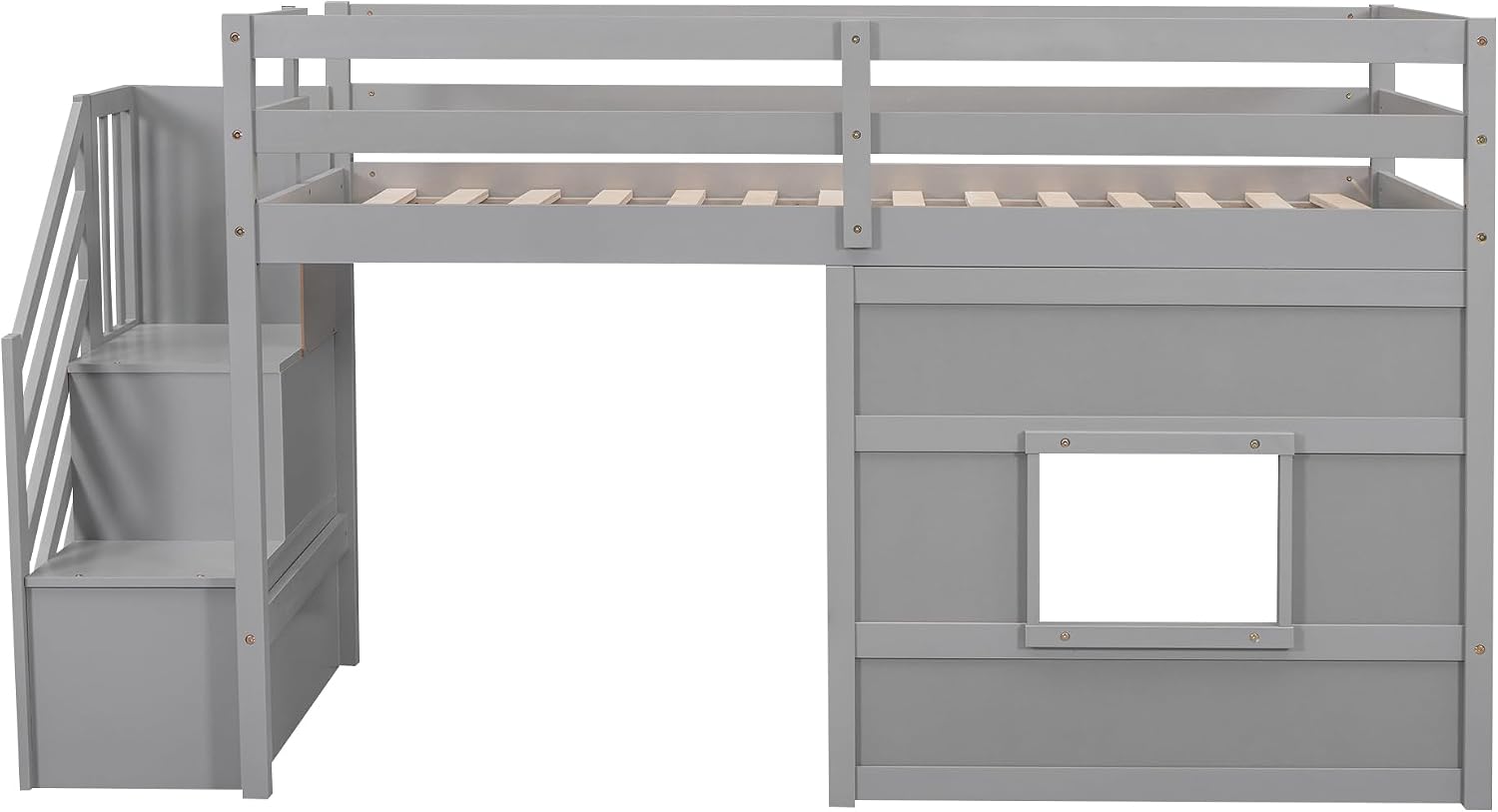 JIVOIT Low Loft Bed with Storage Staircase and Window, Twin Size Loft Bed with Guardrails and Wood Slats Support, Solid Wood Bed Frame, Space Saving Design, No Box Spring Need (Gray,Staircase+Window)