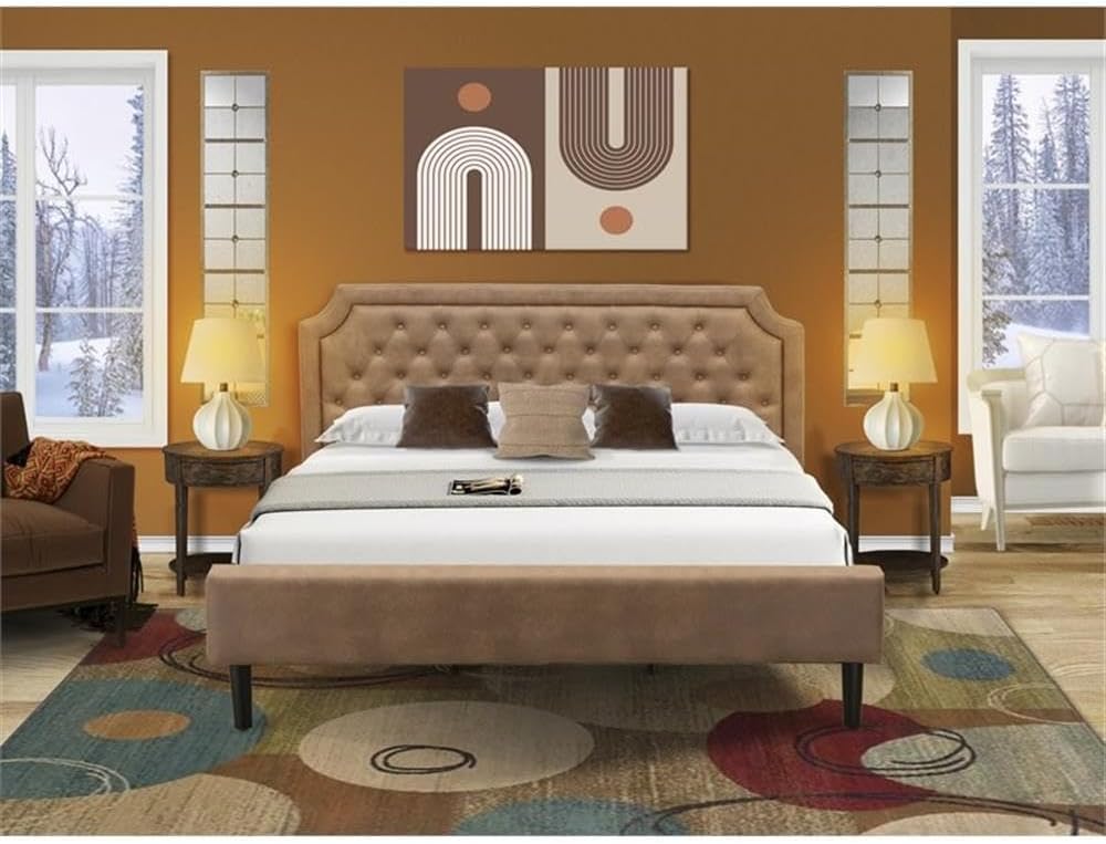 East West Furniture GB28K-2HI07 3-Piece Granbury Bedroom Set with Button Tufted King Size Bed and 2 Distressed Jacobean Small Nightstands - Brown faux Leather with Brown Texture and Black Legs