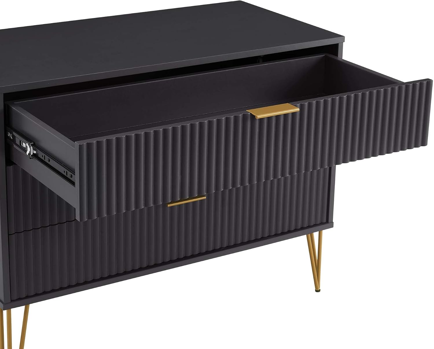 Manhattan Comfort Dumbo 2 Piece Modern Set, 3 Drawer Dresser & 1 Drawer Nightstand with Fluted Ribbed Front, Gold Metal Legs, No Tool Assembly, Storage Cabinet for Bedroom or Living Room in Black