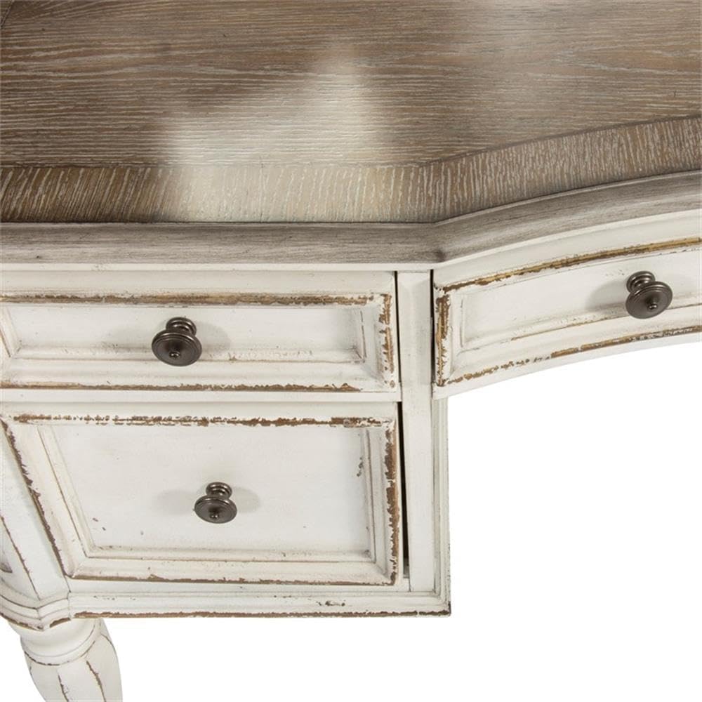 Pemberly Row Contemporary Magnolia Manor 3-Piece Vanity Set, Antique White and Weathered Brown Finish, Ivory Tweed Chenille Upholstered Stool, Trifold Mirror, Bedroom Furniture