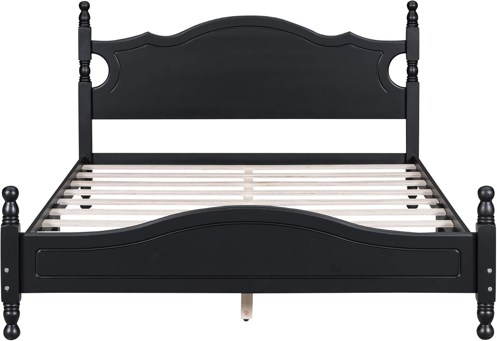 JIVOIT Retro Style Platform Bed with Headboard and Footboard, Queen Size Wood Platform Bed Frame with Wooden Slat Support, Solid Wood Foundation, No Box Spring Required (Black,Queen,5)