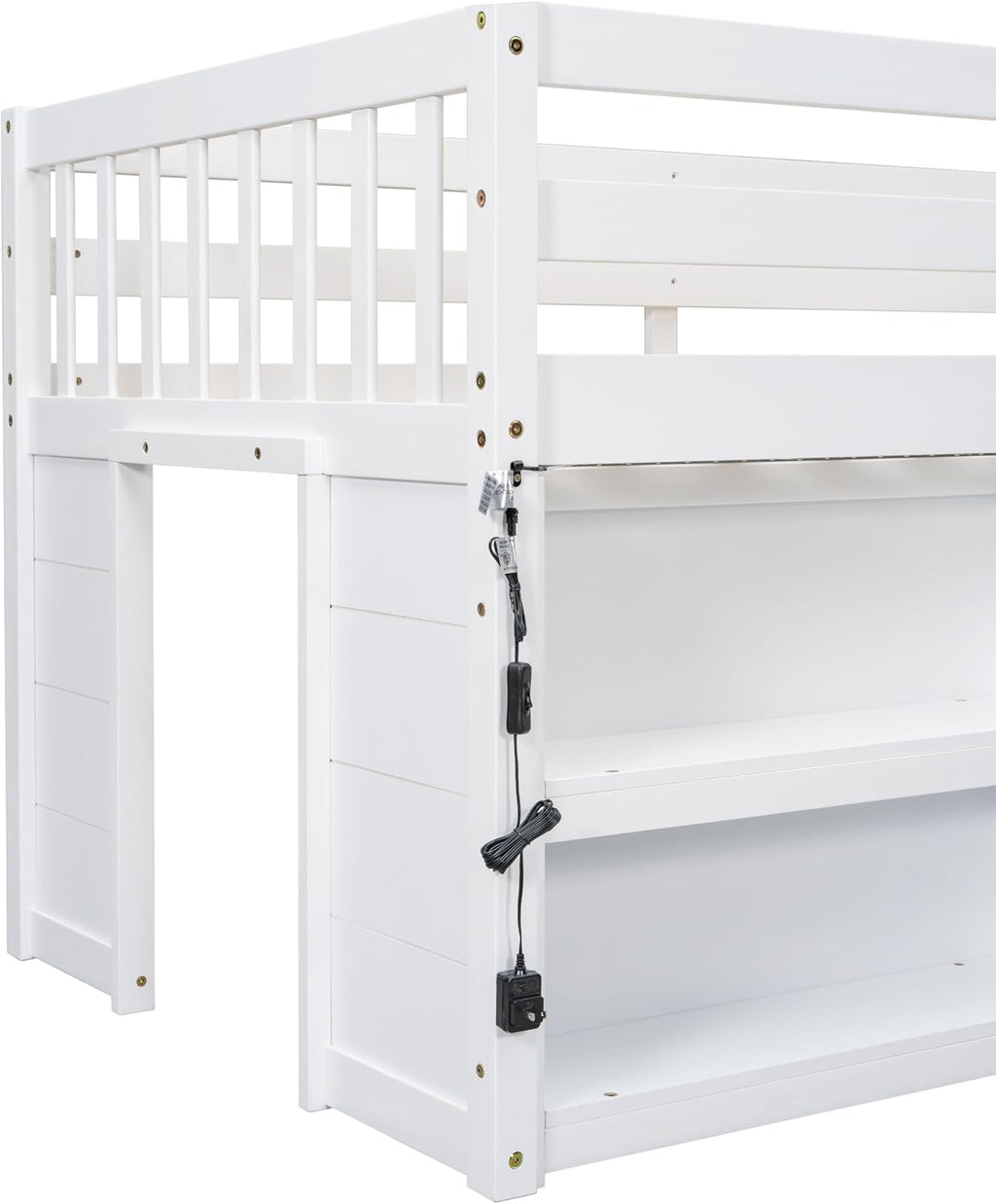 Twin Size Low Loft Bed with Two-Tier Shelves, Multifunction Wood Loft Bed Frame with Built-in Stairs, Storage Underneath, Sturdy Slats Support, Space Saving Loft Bed for Kids Boys Girls (White * 01)