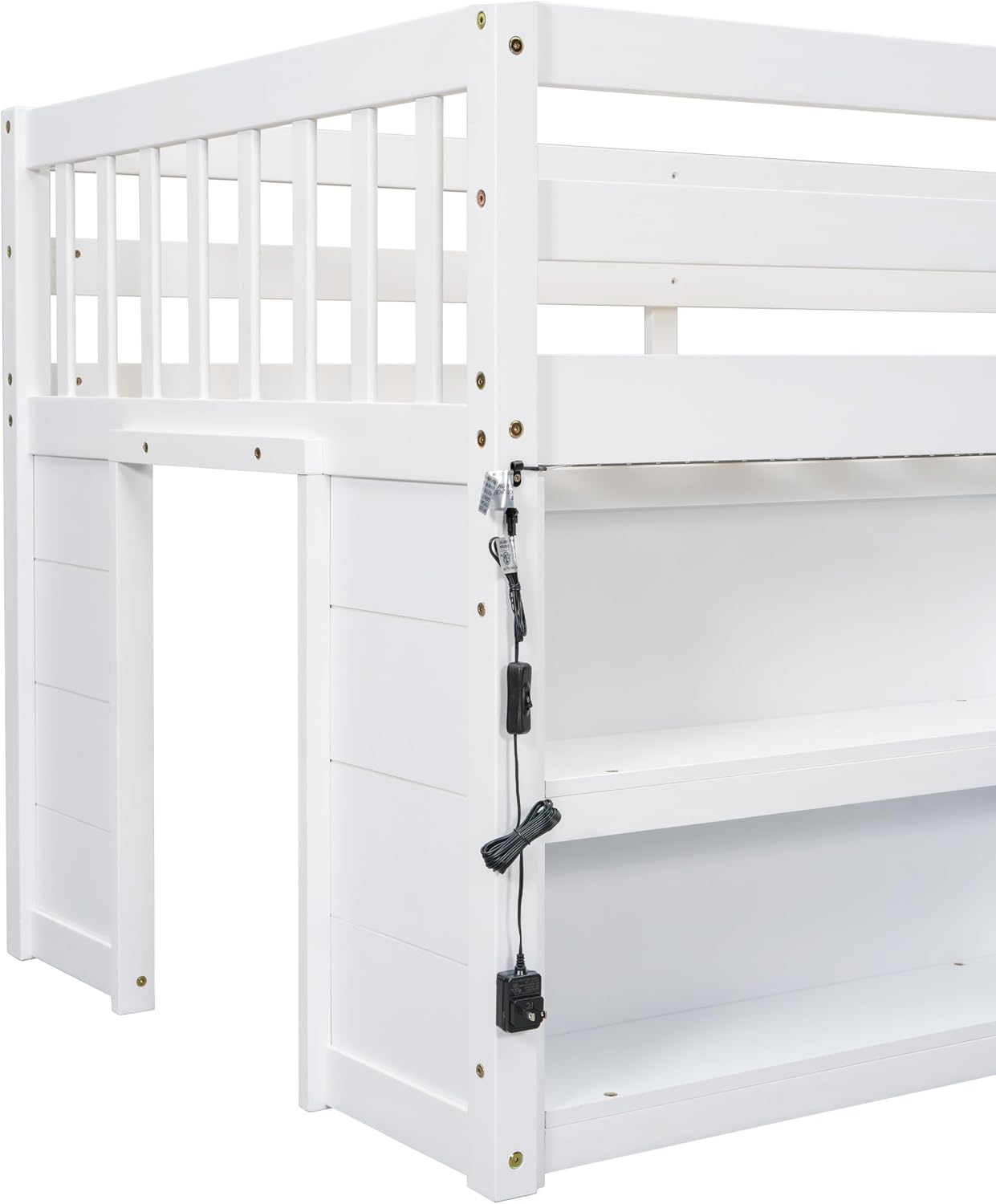 Twin Size Low Loft Bed with Two-Tier Shelves, Multifunction Wood Loft Bed Frame with Built-in Stairs, Storage Underneath, Sturdy Slats Support, Space Saving Loft Bed for Kids Boys Girls (White * 01)