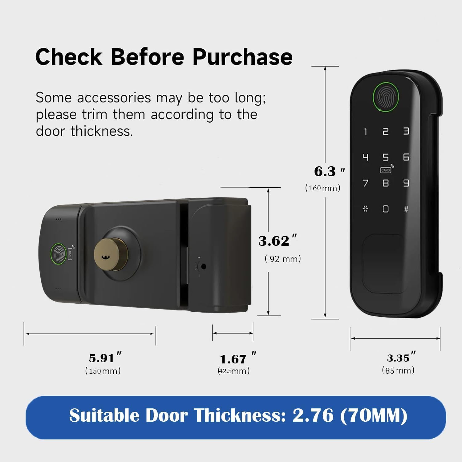 Smart Latch Double Side Gate Lock, Keyless Fingerprint Rim Lock with Keypad, Password & IC Card - Waterproof Electronic Digital Door Deadbolt for Outdoor Fence (Dark Black)