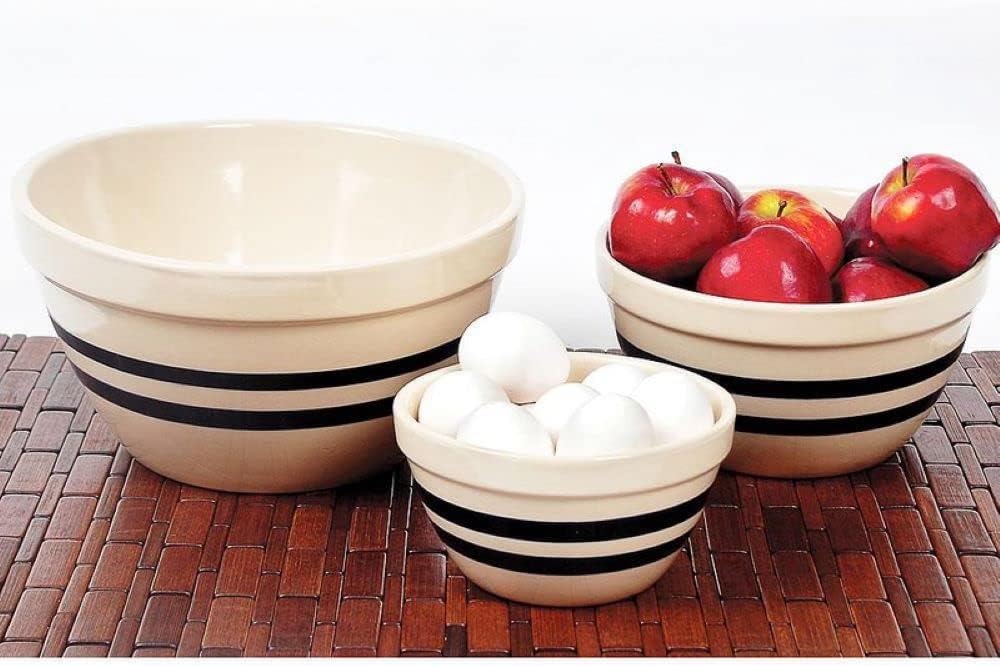 Ohio Stoneware Shoulder Bowls USA Made Tan with Blue Stripe Set of 3 Sizes
