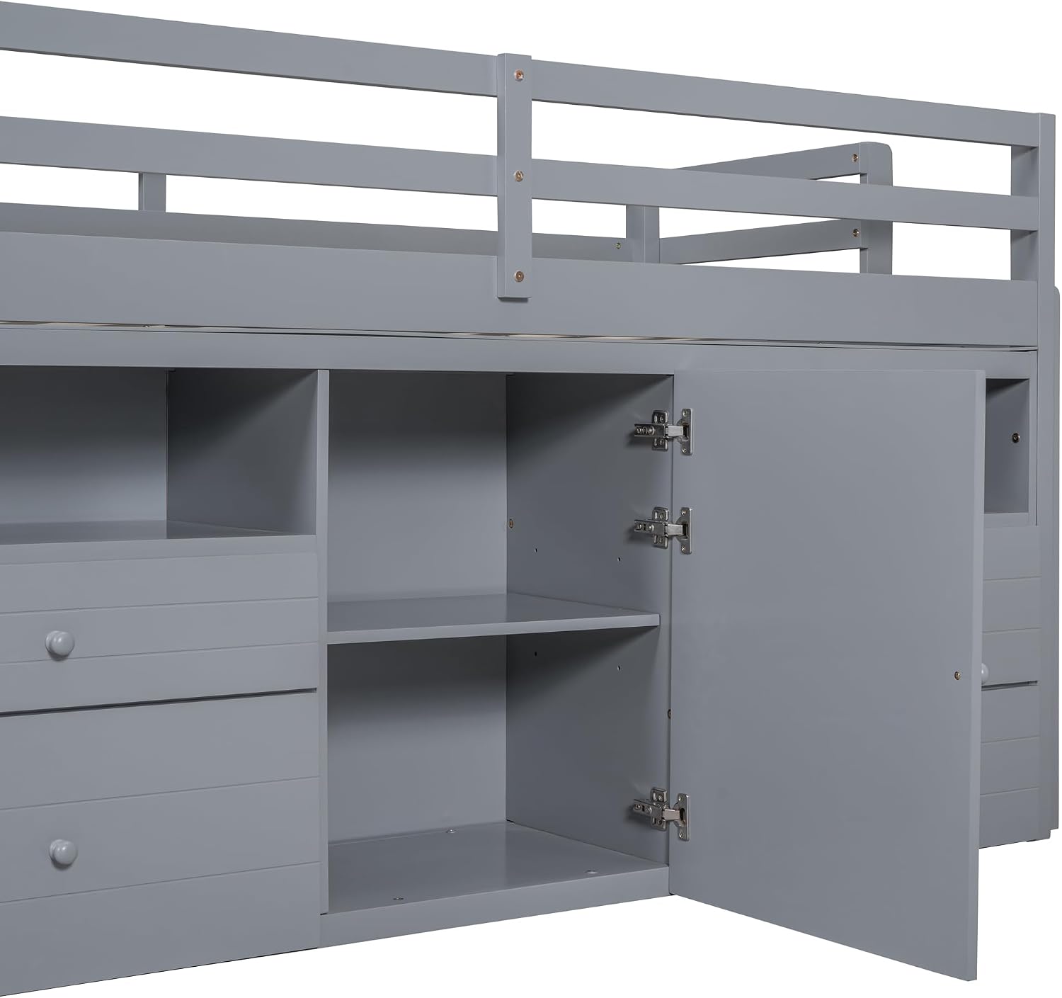 JIVOIT Twin Size Loft Bed with 4 Drawers, Underneath Cabinet and Shelves, Muti-Functional Loft Bed with Full-Length Guardrails and Ladder, Space-Saving Low Loft Bed for Kids Teens (Gray & 4 Drawers)