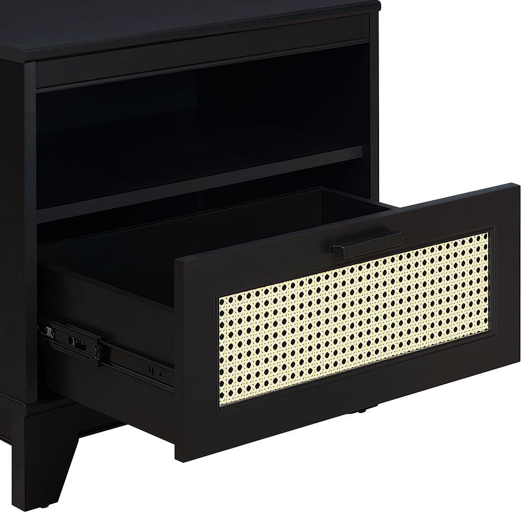 Manhattan Comfort Sheridan Cane Nightstand with Full-Extension Drawer and Open Shelf Cubby, Mid-Century Modern Bedside End Table, Boho Night Stand Accent Table for Bedroom or Living Room in Black
