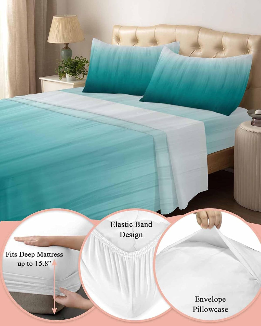 Teal Ombre Cal King Sheet Set 4 Piece Bedding - Contemporary Gradient Abstract Art Breathable Comfy Cooling Bed Sheets & Pillowcase Sets, Hotel Luxury Flat Sheets Deep Pockets Fitted Sheet