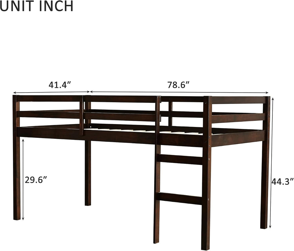 JIVOIT Wood Low Loft Bed Frame with Ladder, Solid Rubber Wooden Twin Loft Bed, Bed Platform of Strengthened Slats, Space Saving Design, No Box Spring Needed (Espresso,104)