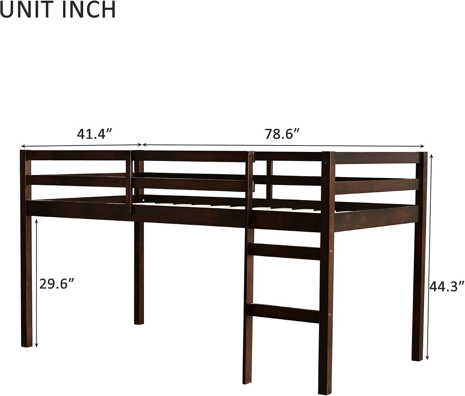 JIVOIT Wood Low Loft Bed Frame with Ladder, Solid Rubber Wooden Twin Loft Bed, Bed Platform of Strengthened Slats, Space Saving Design, No Box Spring Needed (Espresso,104)