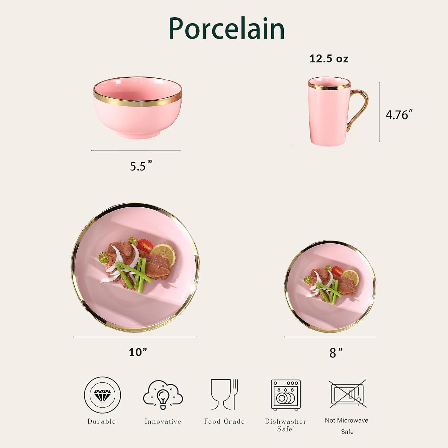 Modern Porcelain 16 Piece Pink Dinnerware Set, Stoneware Dinnerware Sets for 4,Plates and Bowls Sets, Dinnerware with Gold Trim, Gold Dish Set,Pink and Golden Rim.