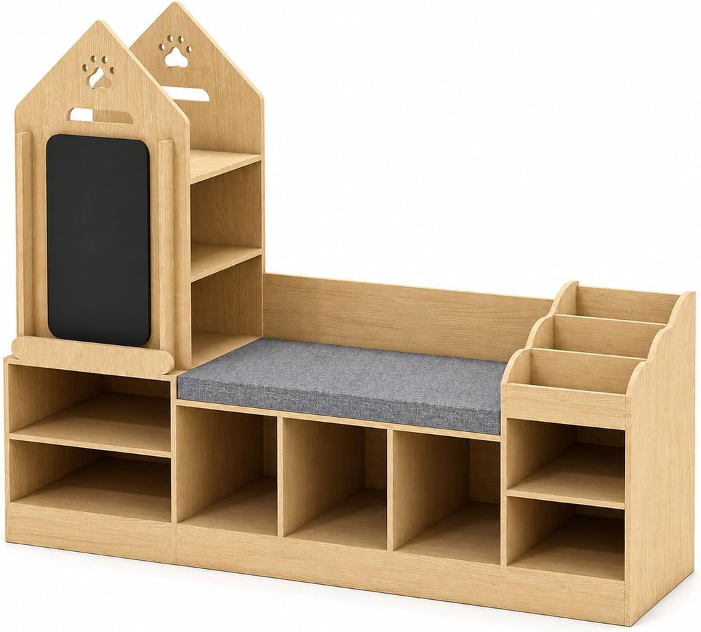Xilingol Kids Reading Nook with Storage Bench and Chalkboard, Wooden Kids Bookshelf and Toy Storage, Toy Organizer for Boys & Girls, Toddler Reading Nook for Bedroom, Nursery, Playroom, Natural Oak