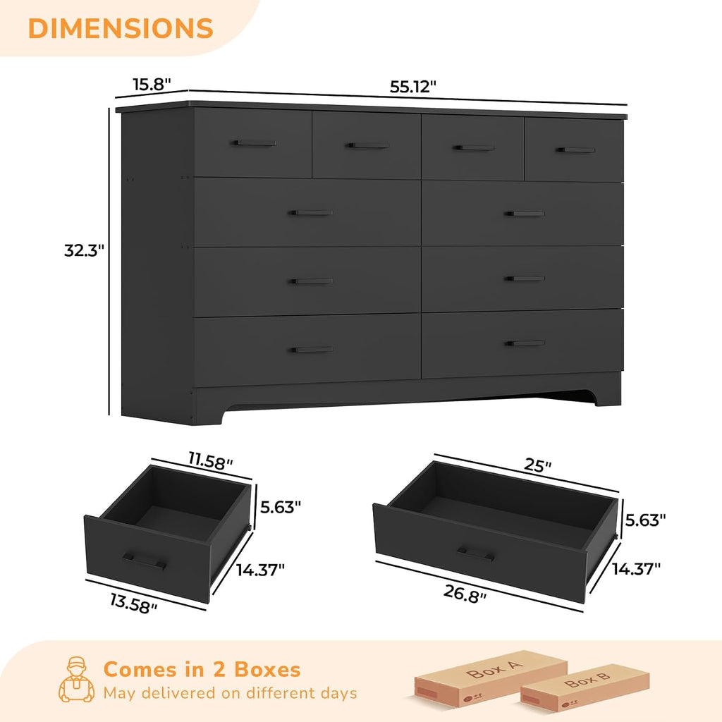 DICTAC Black Dresser for Bedroom with 10 Drawers, Large Chest of Drawers Storage Organizer, Long Dresser TV Stand with Power Outlets, Wide Dressers for Bedroom, Living Room 55.1' W x 32.3' H x 15.8' D