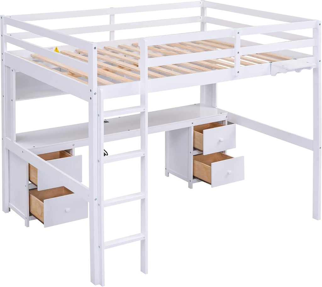 Full Size Loft Bed with Desk and Cabinets,Multifunctional Storage Solid Wood Bed Frame w/Drawers,Bedside Tray,Charging Station,Integrated Ladder,for Bedroom,Apartment,White