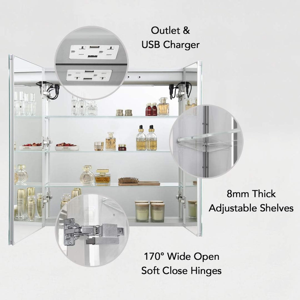 Blossom 30x32 Inch LED Medicine Cabinet Mirror for Bathroom, Lighted Medicine Cabinet with Mirror, Recessed or Surface Mount, Anti-Fog, Adjustable Brightness, Outlets & USB Ports