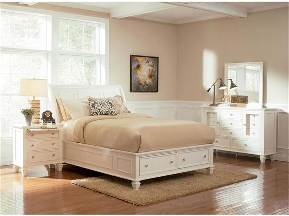 Bowery Hill 3-Drawer Coastal Wood Nightstand, White/Silver Finish, 29.75'H x 29'W x 16.5'D, Solid Asian Hardwood MDF, French Country Style, Felt-Lined Top Drawer, Slide-Out Tray for Bedroom Storage