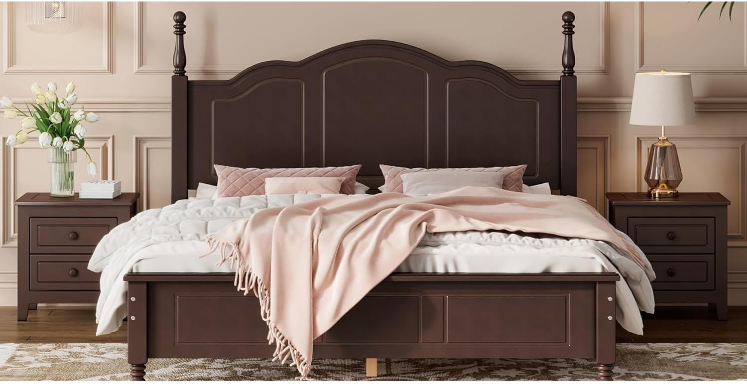A Three-Piece Furniture Set, A Sturdy Wooden Bed with A Bedside Table, Suitable for A Family Setting(Dark Walnut(Queen))