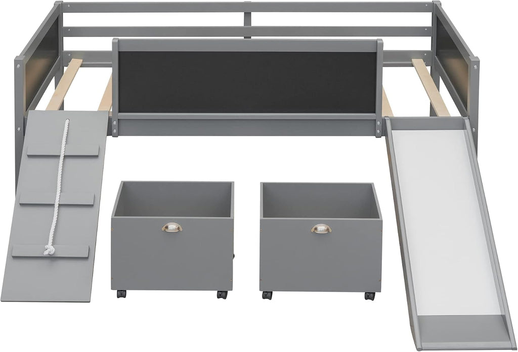 JIVOIT Twin Size Low Loft Bed with Climbing Frame & Rope, Wood Loft Bed Frame with Two Storage Boxes, Slide and Double-Sided Chalkboard, Pine Wood Bed Frame for Kids Teens (Gray+Rope)