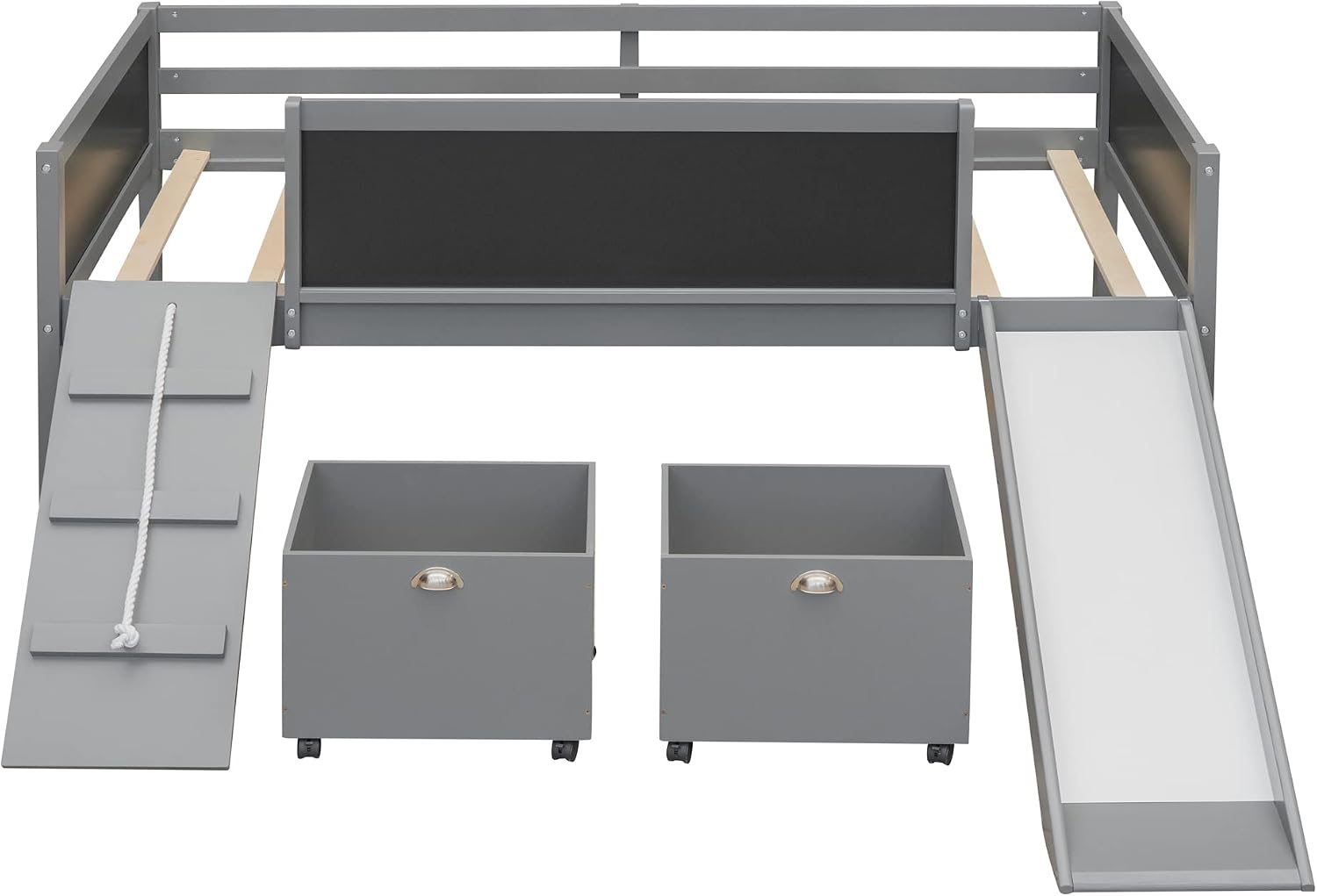 JIVOIT Twin Size Low Loft Bed with Climbing Frame & Rope, Wood Loft Bed Frame with Two Storage Boxes, Slide and Double-Sided Chalkboard, Pine Wood Bed Frame for Kids Teens (Gray+Rope)