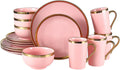 Modern Porcelain 16 Piece Pink Dinnerware Set, Stoneware Dinnerware Sets for 4,Plates and Bowls Sets, Dinnerware with Gold Trim, Gold Dish Set,Pink and Golden Rim.
