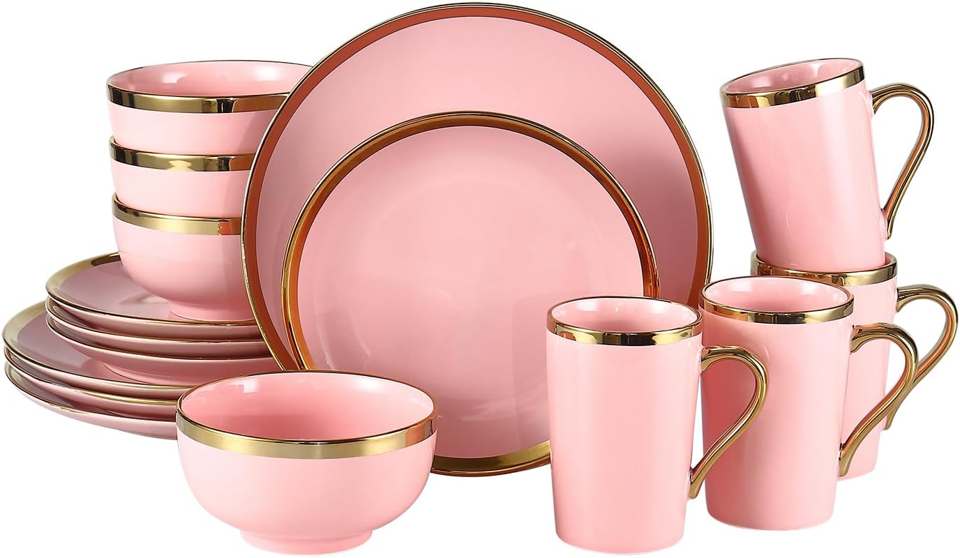 Modern Porcelain 16 Piece Pink Dinnerware Set, Stoneware Dinnerware Sets for 4,Plates and Bowls Sets, Dinnerware with Gold Trim, Gold Dish Set,Pink and Golden Rim.