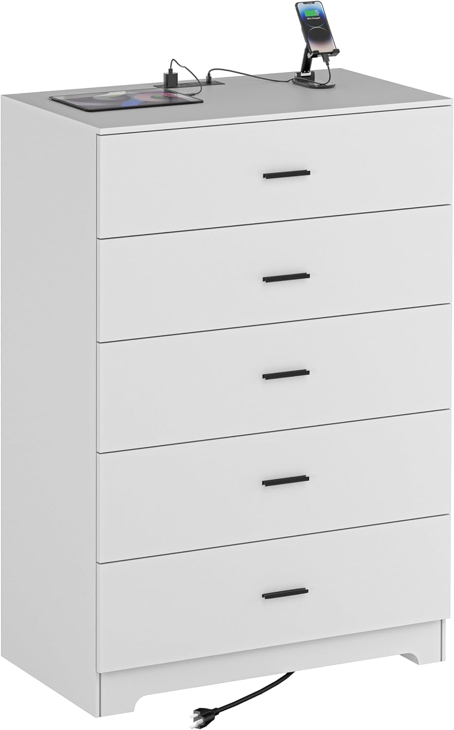 GEPELCN Dresser for Bedroom with Power Outlets Wood 5 Drawer Dresser with Large Storage Space White Chest of Drawers with Smooth Metal Rail Tall Storage Organizer for Bedroom Living Room Closet