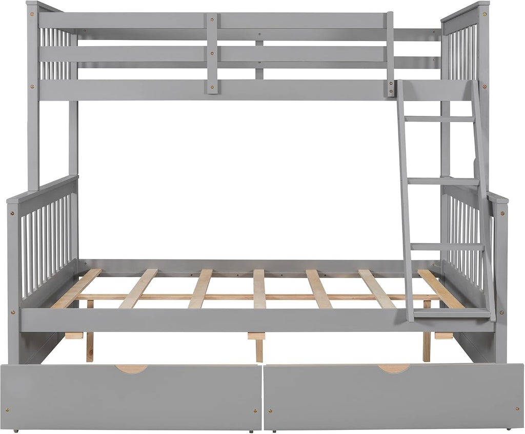 Twin Over Full Bunk Bed with Two Storage Drawers, Solid Wood Bunk Bed Frame Can be Converted Into 2 Separate Beds, Bedroom Furniture Bunk Bed with Ladders for Kids Teens Adults (Gray)