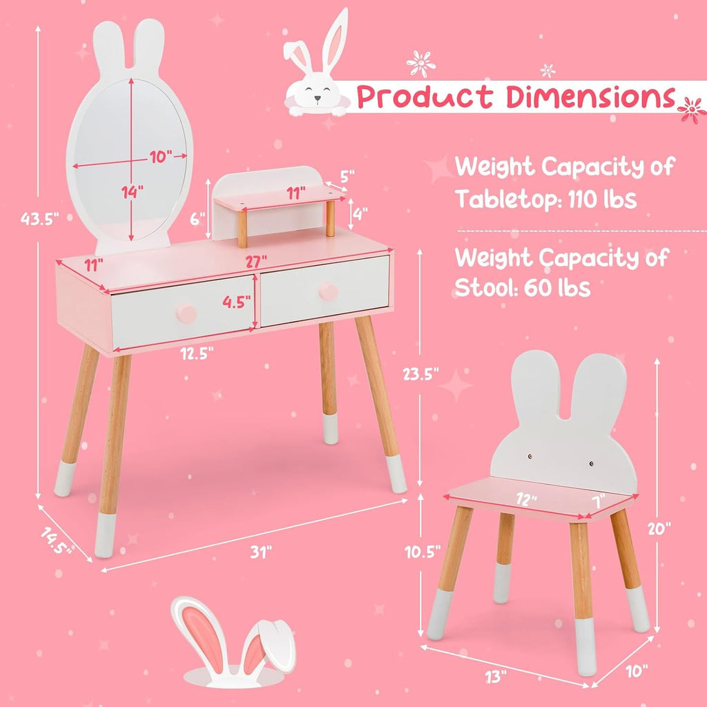 Costzon Kids Vanity Set & Jewelry Armoire Cabinet, Wooden Kids Vanity Table and Chair Set, Standing Jewelry Organizer with Full-Length Mirror, Kids Bedroom Furniture Set for Girls (White)