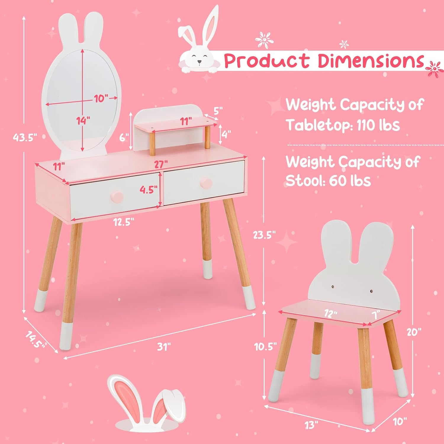 Costzon Kids Vanity Set & Jewelry Armoire Cabinet, Wooden Kids Vanity Table and Chair Set, Standing Jewelry Organizer with Full-Length Mirror, Kids Bedroom Furniture Set for Girls (White)