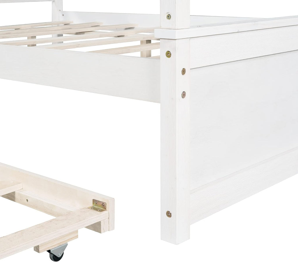 Full Size Wood Canopy Bed with Trundle Bed and Two Nightstand, Modern Bedroom Set for Kids Girls Boys Teens,Can Be Freely Decorated (White+Bedroom Set)