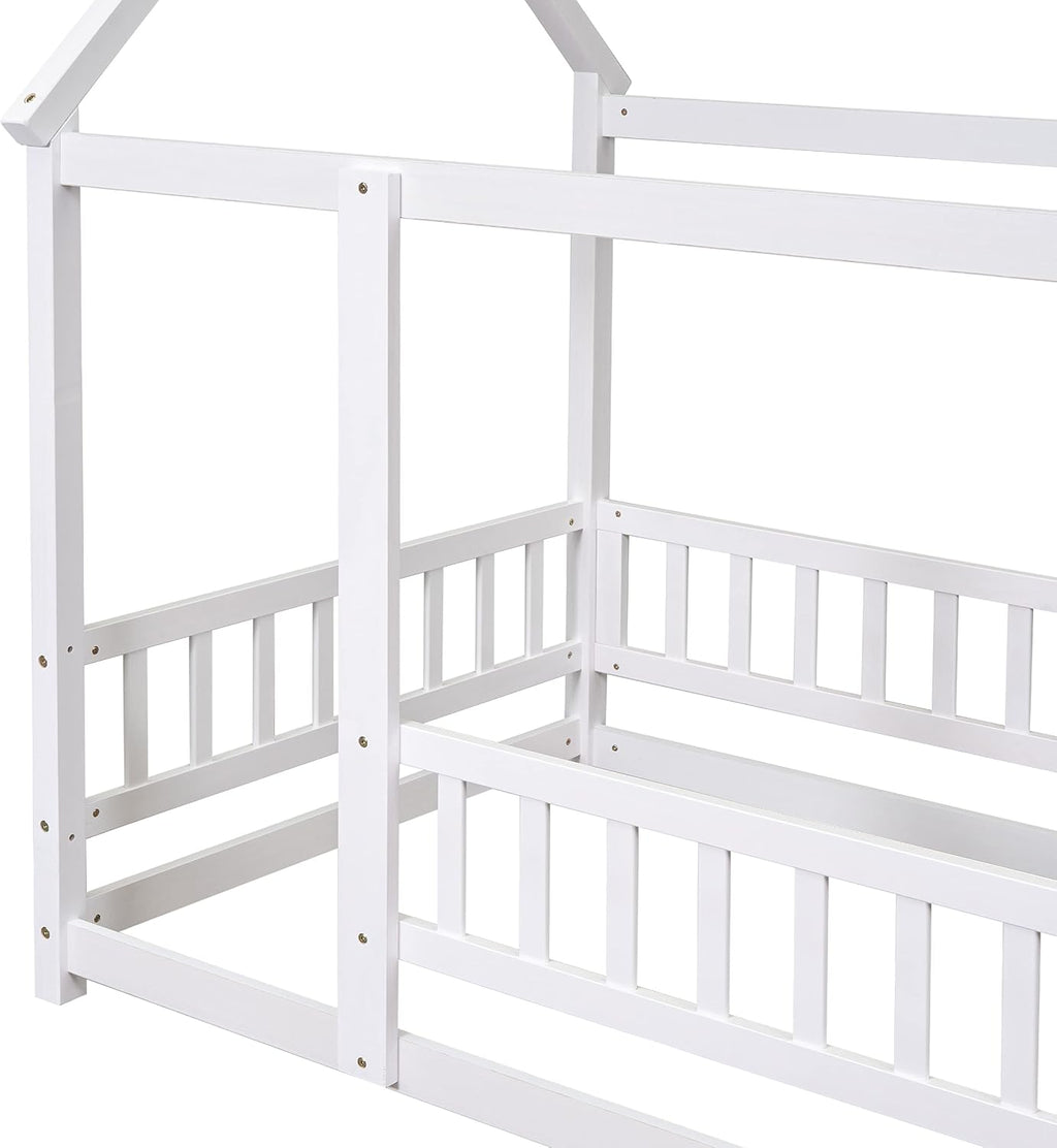 Bellemave Twin Size House Floor Bed,Wooden Montessori Bed with Fence and Roof for Kids,Twin Bed Frame for Boys,Girls(Twin,White)