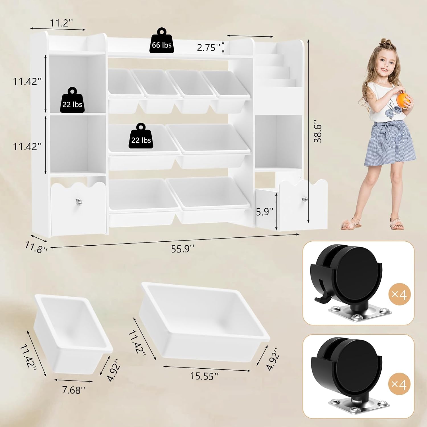 HOMMPA 55' W Kids Toy Storage Organizer with 2 Movable Drawer 4-Tier Bookshelf for Kids Children's Organizer Cabinet with 8 Toy Bins for Playrooms, Classroom and Nurseries,White