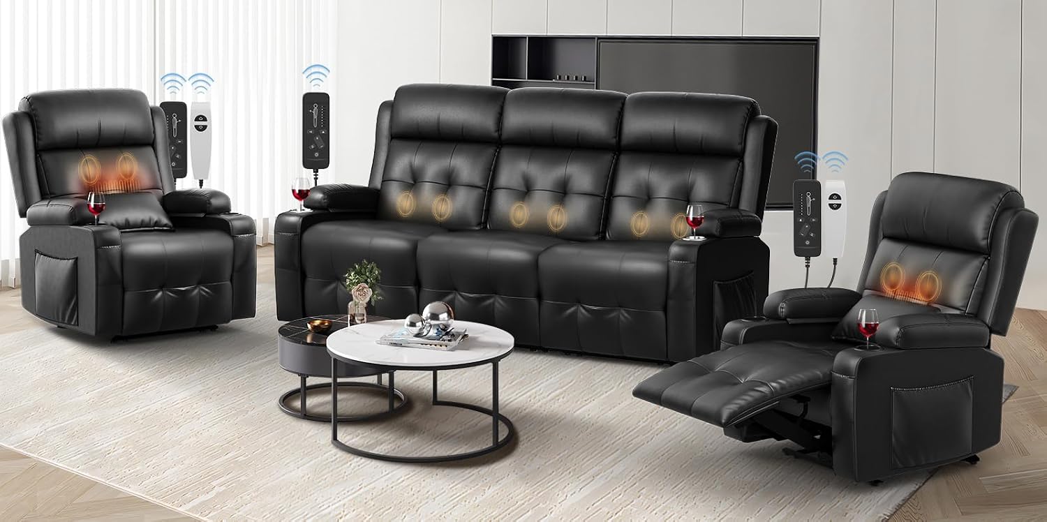 Recliner Sofa, Massage Reclining Sofa 3 Seater Sets Heavy Weight Capacity, 2 Single Power Heat & Massageable Chair with Storage, Cup Holders, Wall Hugger Couches for Living Room & RV Campers