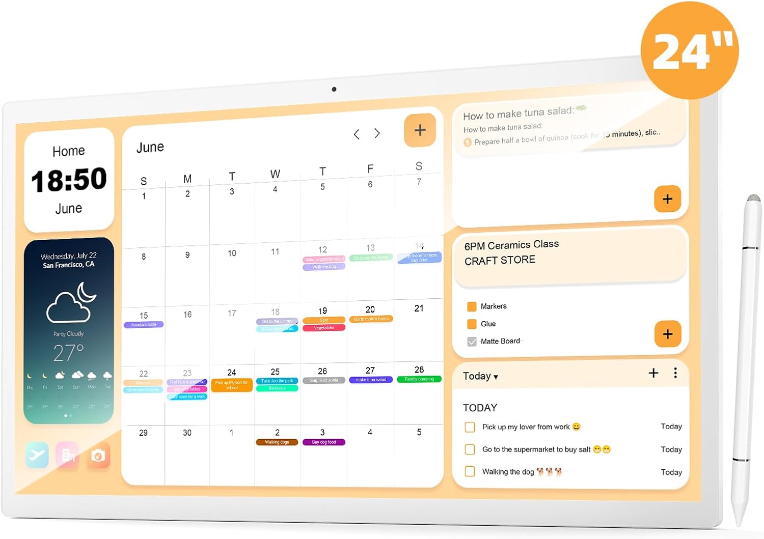 24 Inch Touchscreen Digital Calendar, Wall Planner, Desktop Smart Electronic Calendar, 8GB+128GB Android 13, Supports Google Play Apps, Office Desk Assistant & Family Schedules, Wall/Desk Stand