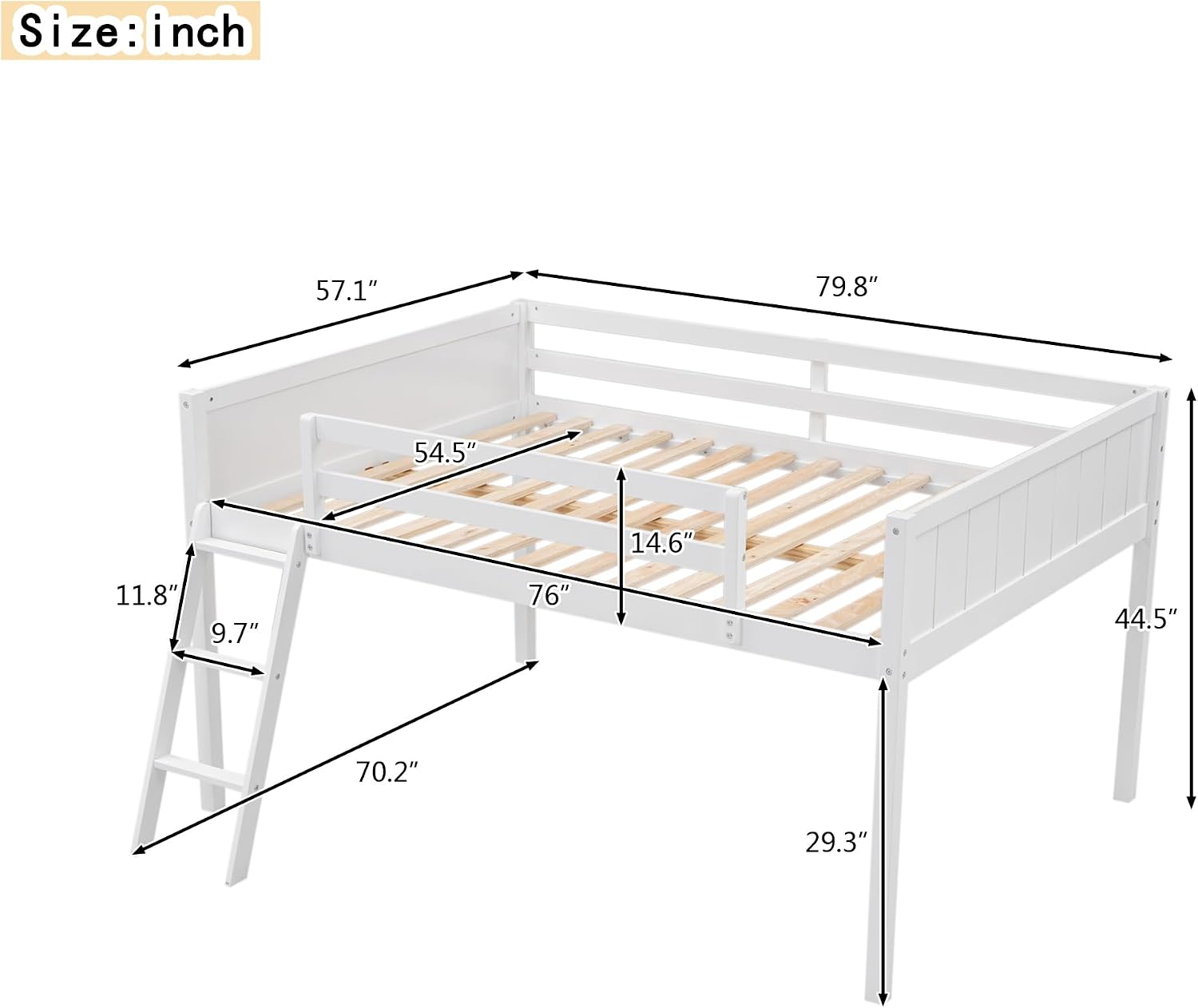 Full Size Loft Bed, Wood Loft Bed with Convertible Ladder, Ladder can be Placed on the Left or Right, Low Loft Bed with Full-Length Guardrails, No Box Spring Required (White,Full & Convertible Ladder)