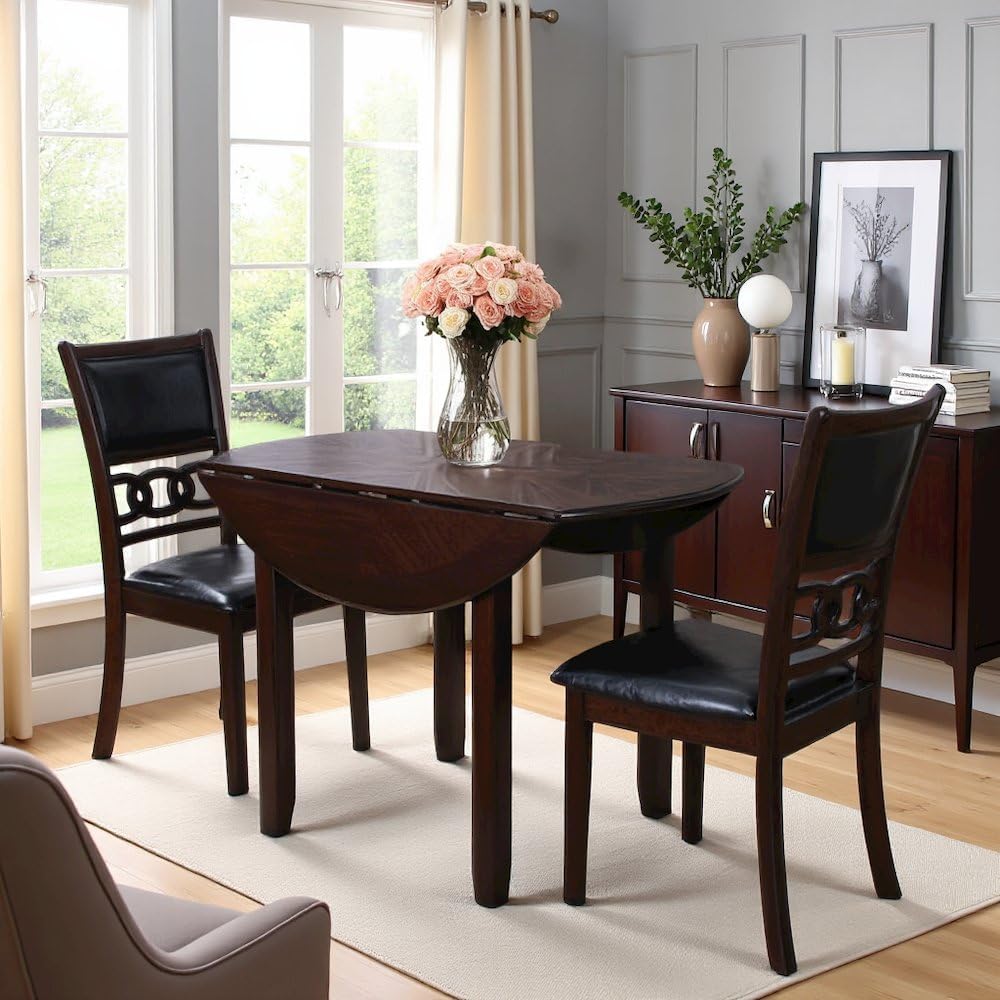 Furnifact Brown 3 Piece Drop Leaf Table and Chairs, Solid Wood Round Dining Table with Chairs, Transitional Compact Design for Kitchens with Upholstered Seating