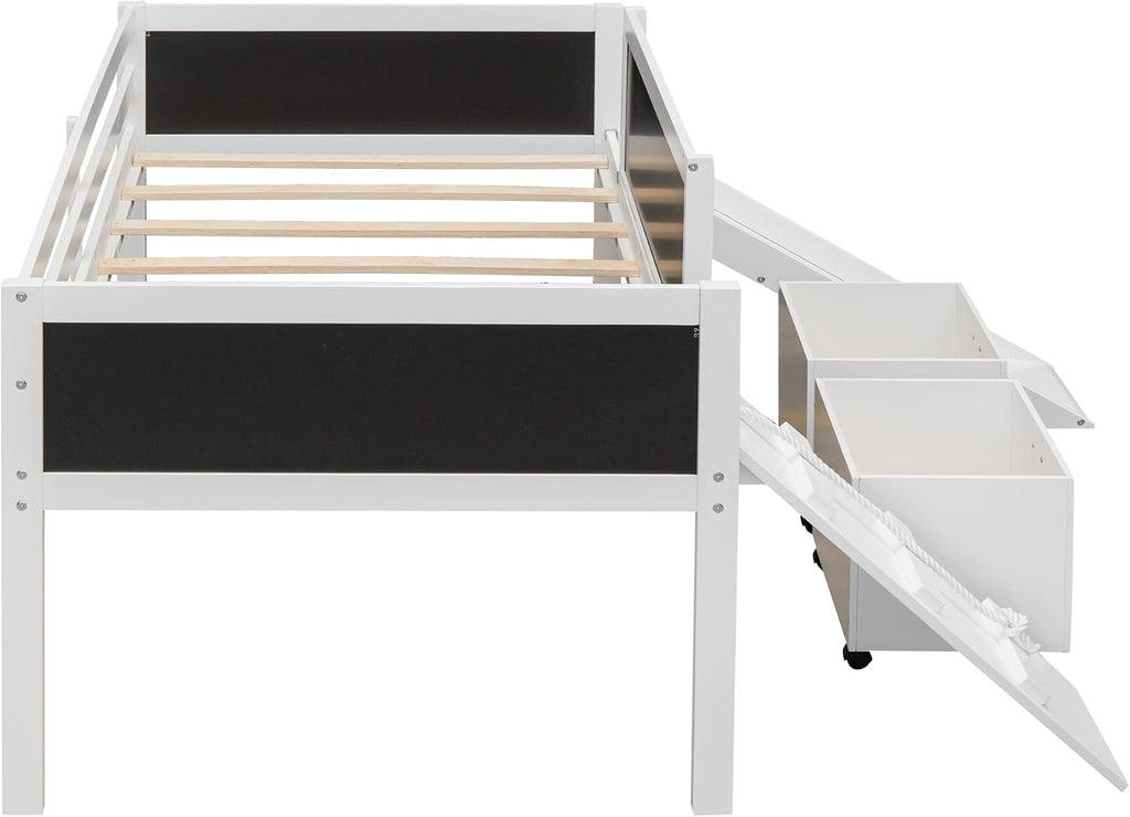 JIVOIT Twin Size Low Loft Bed with Climbing Frame & Rope, Wood Loft Bed Frame with Two Storage Boxes, Slide and Double-Sided Chalkboard, Pine Wood Bed Frame for Kids Teens (White+Rope)