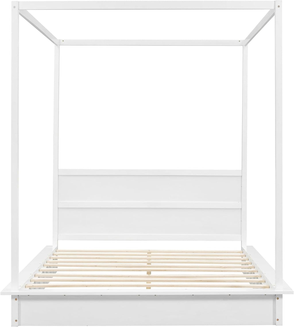 Queen Size Canopy Platform Bed with LED Lights and Headboard, Wooden 4-Post Canopy Bed Frame with Support Slats, No Box Spring Needed (Queen)