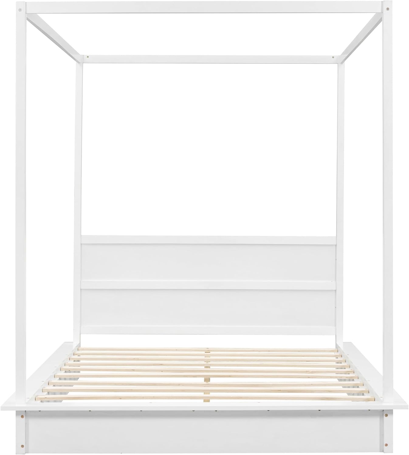 Queen Size Canopy Platform Bed with LED Lights and Headboard, Wooden 4-Post Canopy Bed Frame with Support Slats, No Box Spring Needed (Queen)