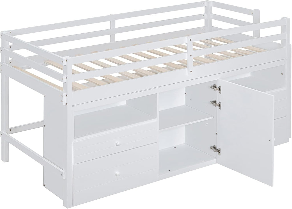 JIVOIT Twin Size Loft Bed with 4 Drawers, Underneath Cabinet and Shelves, Muti-Functional Loft Bed with Full-Length Guardrails and Ladder, Space-Saving Low Loft Bed for Kids Teens (White & 4 Drawers)