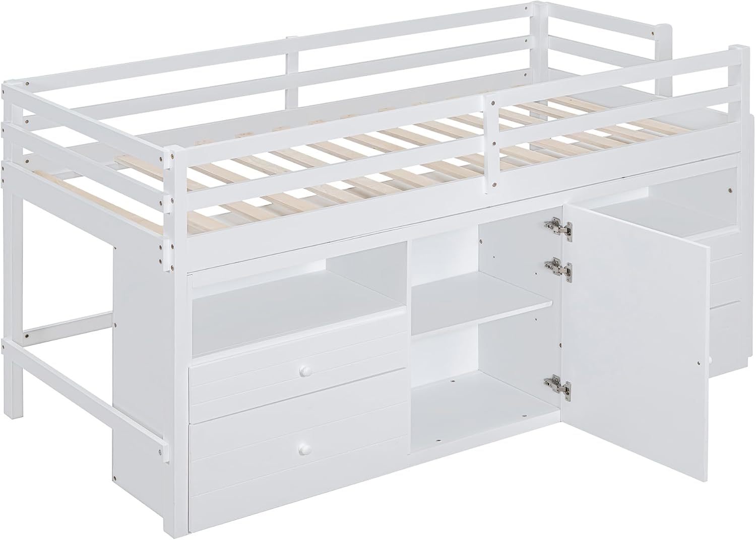 JIVOIT Twin Size Loft Bed with 4 Drawers, Underneath Cabinet and Shelves, Muti-Functional Loft Bed with Full-Length Guardrails and Ladder, Space-Saving Low Loft Bed for Kids Teens (White & 4 Drawers)