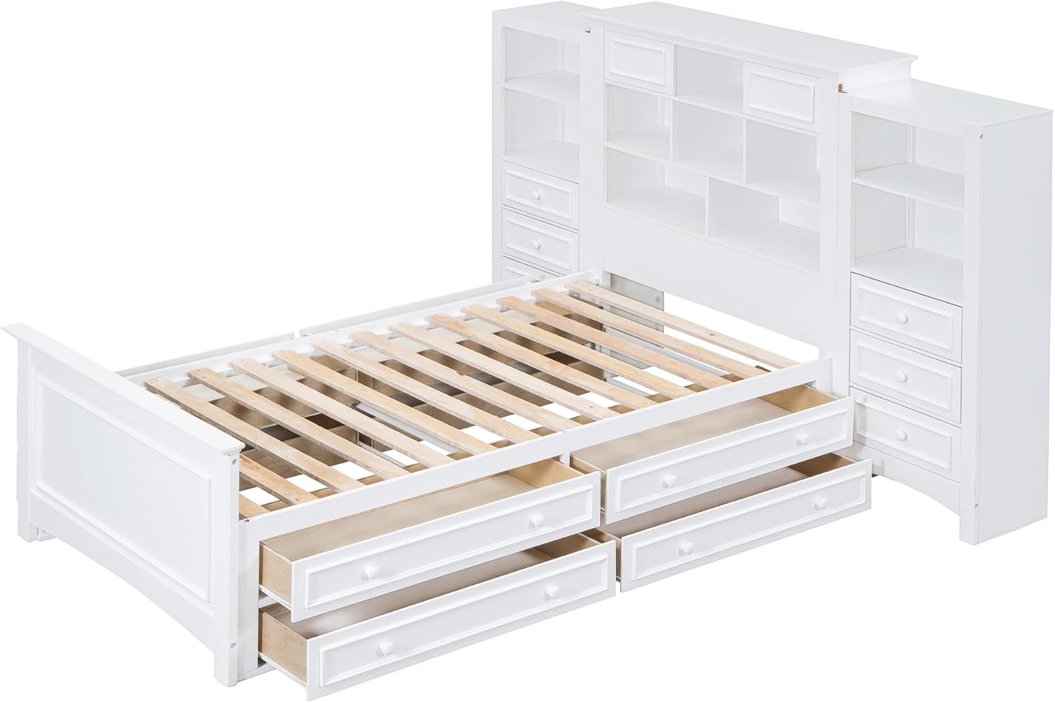 Twin Size Platform Bed with All-in-One Vertical Cabinet Bookcase, Solid Wood Captain's Bed Platform Bed Frame with 4 Drawers on Each Side, Storage Headboard (White-A)
