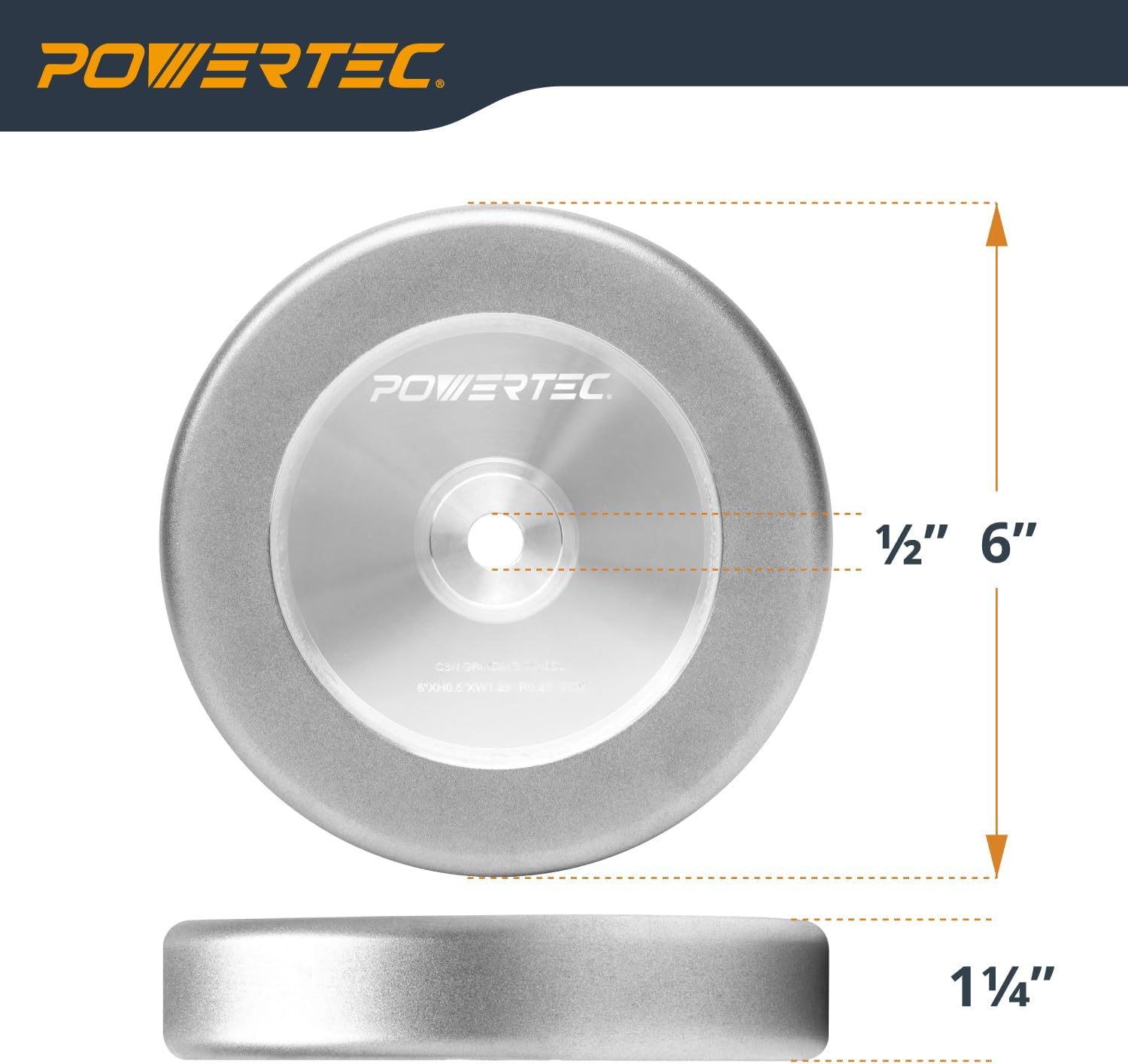 POWERTEC CBN Grinding Wheel 6 Inch 320 Grit, 1-1/4' Wide, 1/2' Arbor – 4-in-1 CBN Sharpening Wheel with 1/4' Radius Edge and Side Face for Bench Grinder (15708)
