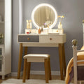 CHARMAID Vanity Set with Lighted Mirror, 3 Color Touch Screen Dimming Mirror, Adjustable Brightness, Bedroom Makeup Dressing Table with 4 Drawers and Cushioned Stool for Girls Women, White & Gray