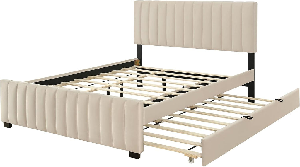 VilroCaz Modern Queen Size Velvet Upholstered Platform Bed with Twin Size Trundle Bed, Channel Tufted Headboard and Footboard, Sturdy Slats Support (Beige-5.25)